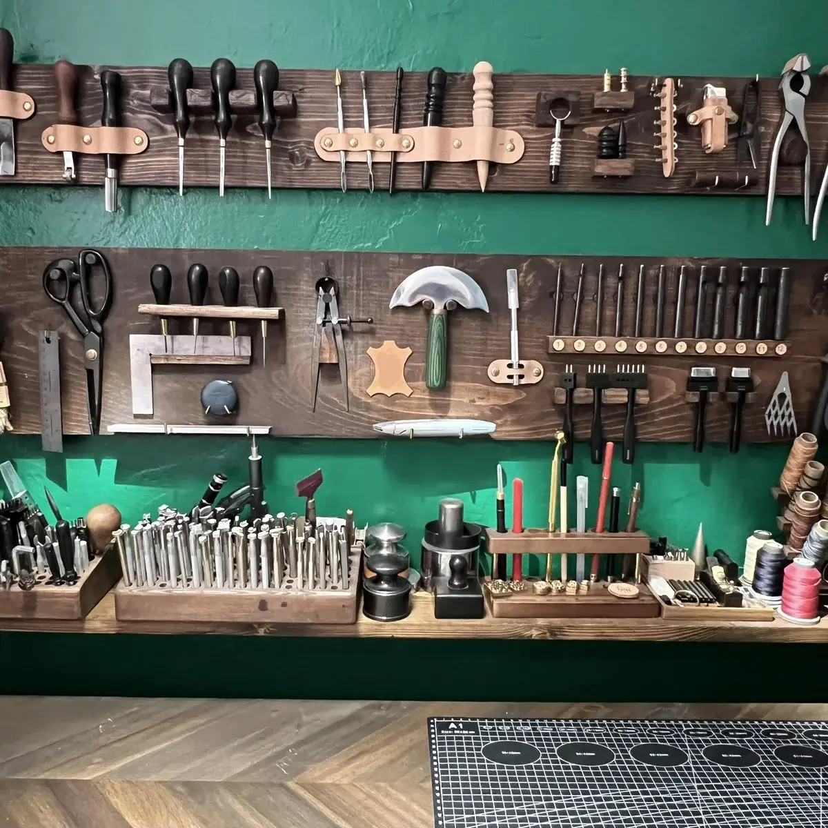 Leatherworking hand tools on the bench